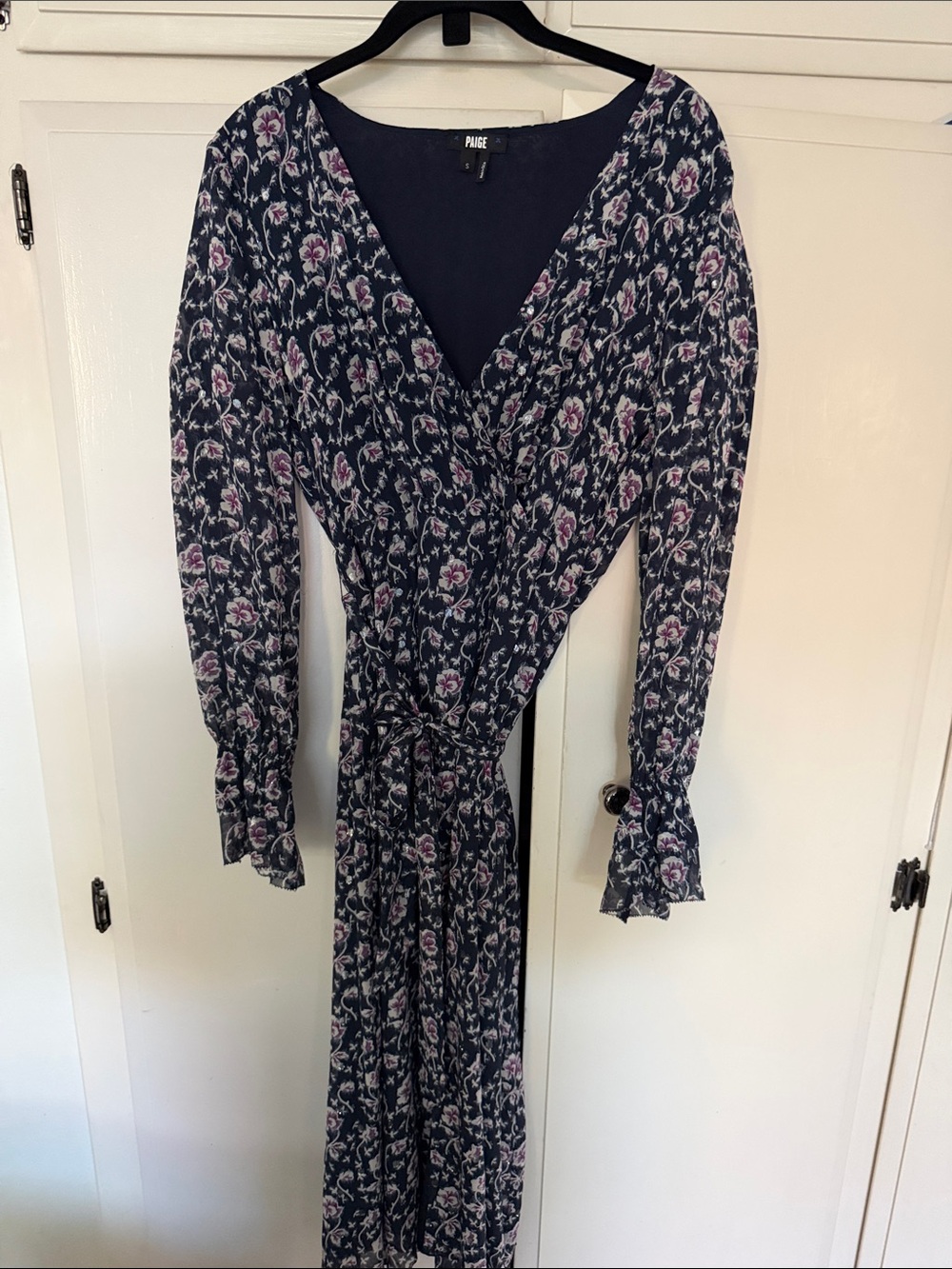 PAIGE Silk Navy Floral Wrap Dress with Pink Floral Print